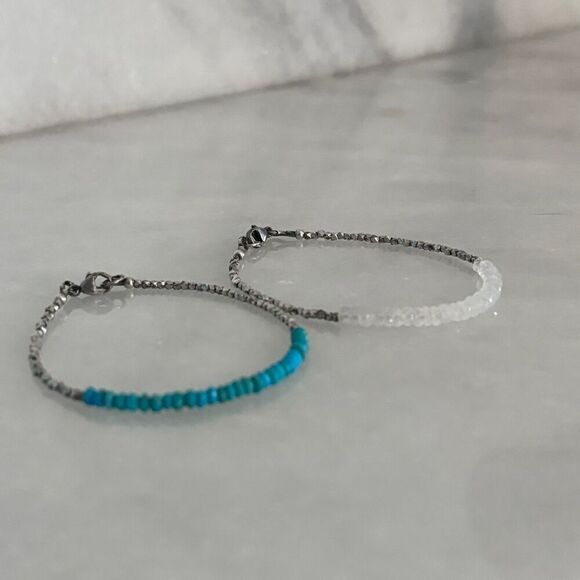 Lot Of 2 Sterling Silver Moonstone and Turquoise Beaded Bracelets OS - Picture 3 of 3